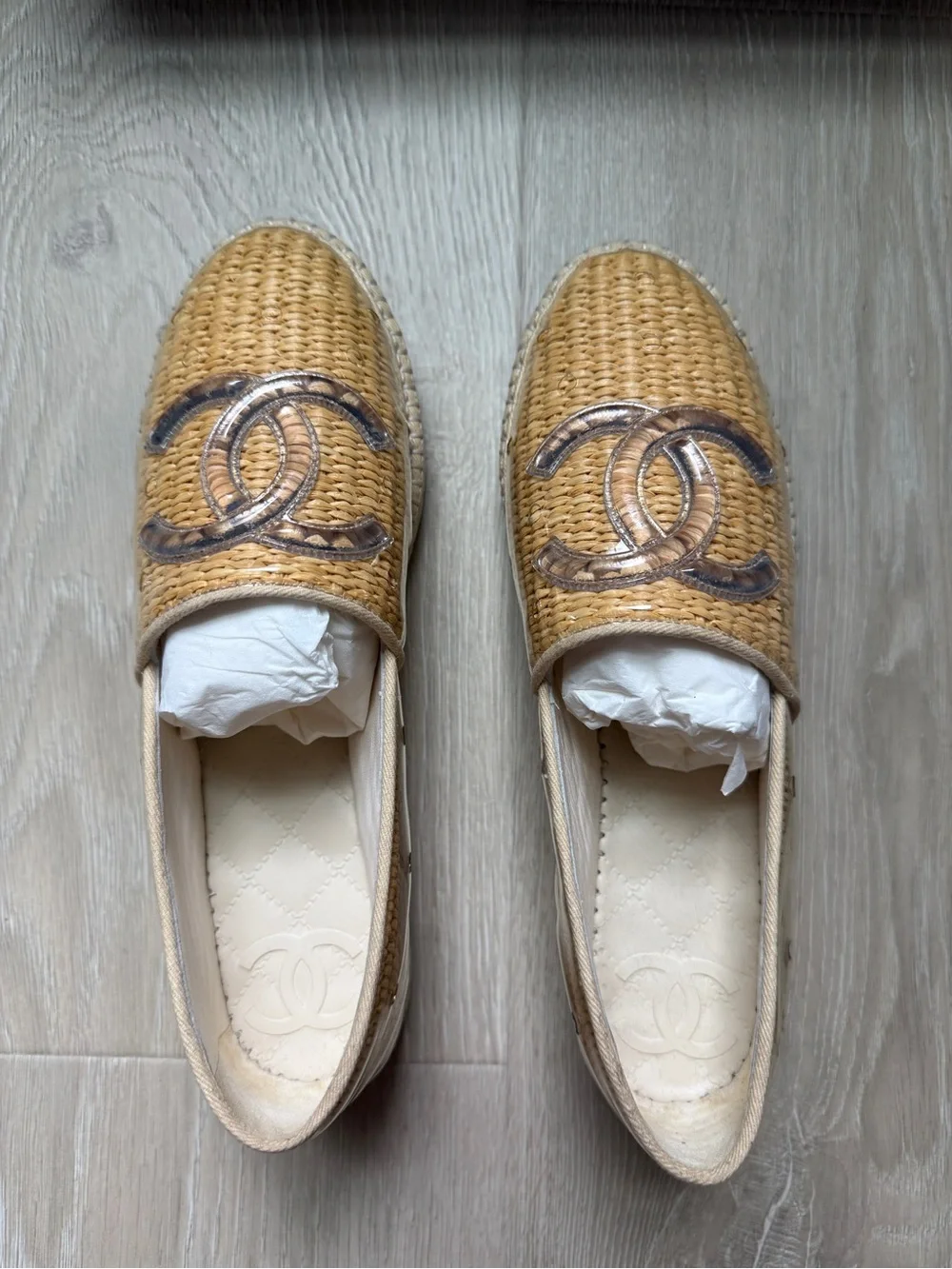 NWT Chanel raffia cc logo espadrilles beige woven straw shoes + box, dust bags